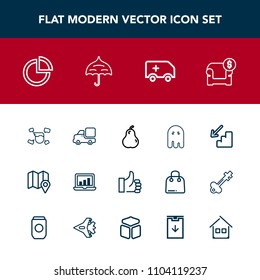 Modern, simple vector icon set with halloween, boy, up, travel, downstairs, lorry, medical, laptop, scary, map, modern, furniture, white, food, success, pin, emergency, truck, graph, screen, man icons