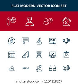 Modern, simple vector icon set with timer, template, speaker, sound, diploma, rod, button, birdhouse, bird, fish, loudspeaker, certificate, player, online, frame, reel, loud, tag, meeting, price icons