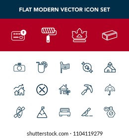 Modern, simple vector icon set with construction, rent, king, brush, photography, cocktail, queen, estate, paint, material, royal, camera, drink, bottle, juice, nation, crown, real, house, roll icons