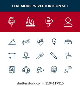 Modern, simple vector icon set with mountain, wrench, repair, forest, winner, tool, balloon, glasses, equipment, stick, sky, paper, success, arrow, tree, sound, download, medal, message, profile icons