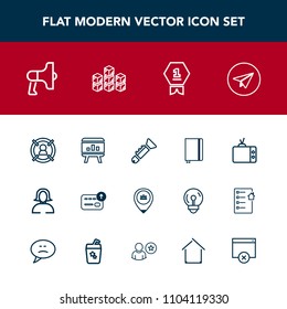 Modern, simple vector icon set with tv, communication, location, jazz, target, young, book, musical, business, loudspeaker, marketing, page, work, trumpet, megaphone, lady, finance, award, web icons