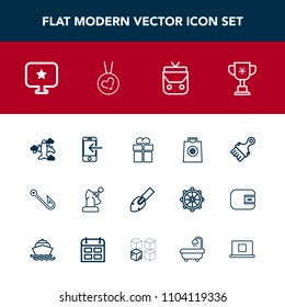 Modern, simple vector icon set with sign, box, airplane, hook, plane, computer, white, aircraft, travel, space, star, winner, gift, fashion, style, brush, bag, transfer, fish, internet, package icons
