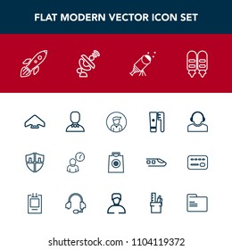 Modern, simple vector icon set with buy, time, protect, communication, technology, boy, jump, shuttle, rocket, astronomy, profile, health, man, security, gift, retail, work, fashion, support,  icons