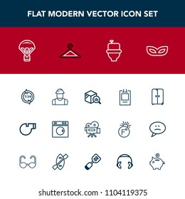 Modern, simple vector icon set with parachute, builder, object, party, report, tripod, retro, extreme, sky, statistic, help, badge, construction, machine, parachuting, referee, call, washer icons