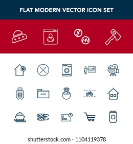 Modern, simple vector icon set with home, retro, house, construction, axe, laundry, finance, appliance, favorite, hammer, machine, apartment, currency, business, equipment, close, airport, ship icons