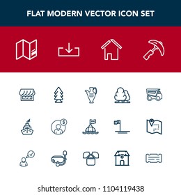 Modern, simple vector icon set with money, vehicle, home, , accounting, crane, sign, entertainment, environment, travel, life, nature, estate, dumper, sea, map, decoration, white, web, tipper icons