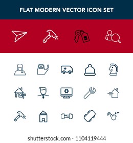 Modern, simple vector icon set with fashion, chess, steam, gold, service, competition, estate, strategy, ambulance, uniform, kitchen, house, property, internet, computer, success, cap, bellhop icons