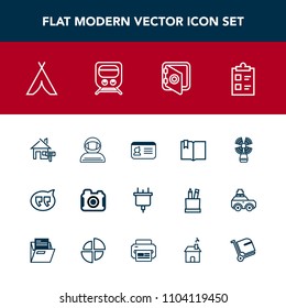 Modern, simple vector icon set with estate, technology, astronaut, photographer, click, photo, tick, photography, safe, sea, bank, house, property, seamark, camp, chat, plug, list, lighthouse icons