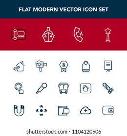 Modern, simple vector icon set with businessman, key, success, music, mic, click, fashion, speed, button, achievement, film, place, bag, hand, house, people, camera, finger, object, karaoke, bus icons