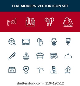 Modern, simple vector icon set with pencil, reward, paintbrush, tree, prize, shorts, hand, present, lunch, search, lighter, food, music, bread, pen, paint, brush, success, environment, object icons