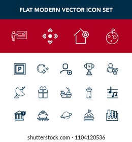 Modern, simple vector icon set with delete, flag, space, sky, businessman, street, satellite, user, transport, package, sea, ship, business, account, gift, apartment, road, car, home, giftbox icons