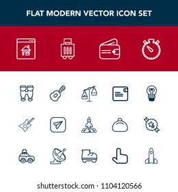 Modern, simple vector icon set with internet, space, airport, web, electric, bulb, lamp, clock, musical, vision, business, real, money, message, bag, timer, email, watch, wallet, lightbulb, cash icons