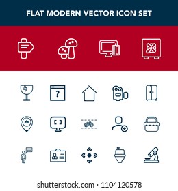 Modern, simple vector icon set with window, handle, film, glass, equipment, video, page, direction, bicycle, safe, transportation, credit, cycle, cupboard, unknown, crash, card, mushroom, arrow icons