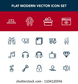 Modern, simple vector icon set with truck, dumper, speaker, cap, tipper, presentation, quad, headphone, internet, personal, note, atv, fashion, dump, head, window, hat, public, meeting, headset icons