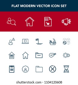 Modern, simple vector icon set with shopping, customer, ship, file, blue, network, speaker, sign, house, marine, internet, sound, business, building, web, mexico, notebook, estate, account, sea icons