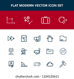 Modern, simple vector icon set with music, geometry, mask, telephone, airplane, audio, nature, cooking, meat, home, aircraft, shipping, bag, luggage, mobile, moon, file, travel, return, snorkel icons