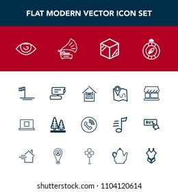 Modern, simple vector icon set with baja, shop, south, tree, road, human, view, map, direction, location, tv, internet, east, landscape, web, ring, pin, environment, cart, package, call, blue icons