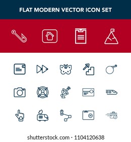 Modern, simple vector icon set with downstairs, mountain, rewind, marketing, target, equipment, player, wing, space, satellite, nuclear, bomb, up, button, insect, falling, blue, butterfly, war icons