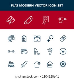 Modern, simple vector icon set with sign, game, house, search, key, tripod, lens, glasses, camera, domino, truck, exercise, shorts, dumper, list, high, female, dump, video, internet, vehicle icons