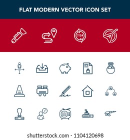 Modern, simple vector icon set with education, bugle, finance, watch, web, laboratory, economy, tool, travel, step, sign, music, technology, vision, pencil, list, pen, place, concept, business icons