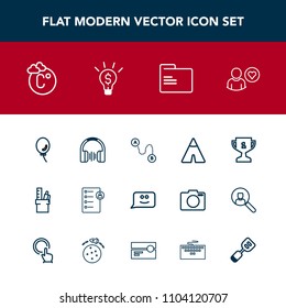 Modern, simple vector icon set with celebration, destination, stereo, air, human, smile, achievement, paper, holiday, office, idea, equipment, first, chat, fahrenheit, job, profile, travel, work icons