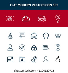 Modern, simple vector icon set with music, direction, transportation, bus, male, cook, chief, sound, success, template, travel, sea, bicycle, nature, uniform, sport, left, audio, location, food icons