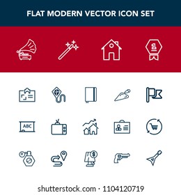 Modern, simple vector icon set with paper, achievement, personal, property, business, notebook, gramophone, book, increase, retro, music, video, national, chalkboard, television, first, shovel icons
