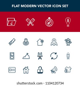 Modern, simple vector icon set with east, hanger, direction, armchair, dont, door, point, blue, mountain, location, landscape, north, doorknob, waste, mobile, online, seat, construction, radius icons