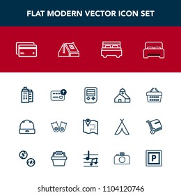 Modern, simple vector icon set with roof, plastic, arrow, home, summer, building, card, finance, business, web, basket, flipper, money, banking, map, construction, button, house, pin, sale, hat icons
