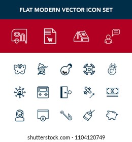 Modern, simple vector icon set with roof, white, delivery, car, drone, construction, fly, exit, thermometer, tool, bbq, fahrenheit, nature, arrow, butterfly, communication, aerial, control, meat icons