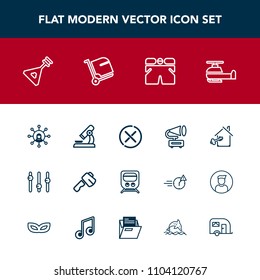 Modern, simple vector icon set with technology, biology, wear, home, transport, railway, science, sign, house, template, train, record, communication, laboratory, construction, equality, retro icons