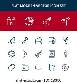 Modern, simple vector icon set with cash, arrow, business, direction, sport, help, fishing, bugle, folk, frame, diploma, cello, violoncello, support, button, building, operator, instrument, rod icons