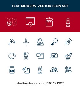 Modern, simple vector icon set with replacement, bag, relocation, bubble, style, message, rocket, cardboard, space, door, person, finance, cash, spaceship, place, object, dinner, fork, row, play icons