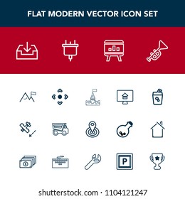 Modern, simple vector icon set with business, dump, white, drink, summer, real, technology, aircraft, musical, trumpet, flight, radius, building, tower, download, travel, glass, architecture icons