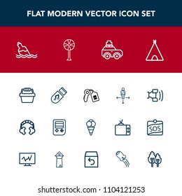 Modern, simple vector icon set with store, web, cream, music, sign, bag, home, mobile, key, fan, direction, outdoor, camp, place, audio, telephone, cell, car, basket, house, security, sound, ice icons