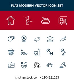 Modern, simple vector icon set with award, red, construction, character, clean, loudspeaker, car, first, loud, wine, speaker, glass, referee, delivery, happy, place, cartoon, object, sound, army icons