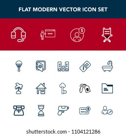Modern, simple vector icon set with bathroom, sound, call, nature, parachute, technology, sky, row, safe, jump, key, play, house, safety, account, building, support, security, seat, furniture icons
