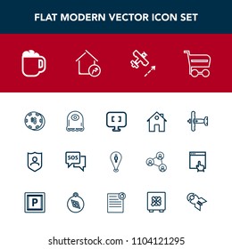 Modern, simple vector icon set with market, increase, trolley, mug, drink, security, house, cafe, casino, estate, coffee, monster, flight, gambling, protection, cup, alien, internet, buy, game icons