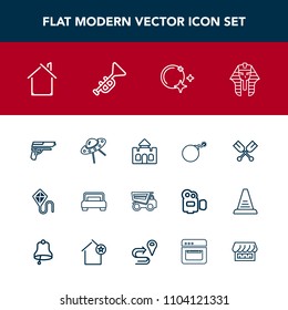 Modern, simple vector icon set with building, truck, bed, castle, sky, home, oar, canoe, dump, gun, pistol, spaceship, firearm, technology, culture, bedroom, joy, pharaoh, spacecraft, war, water icons