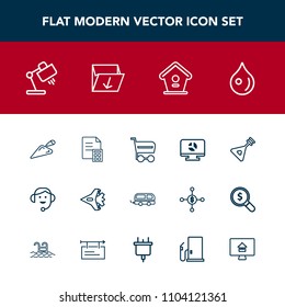 Modern, simple vector icon set with money, abstract, buy, drop, instrument, shop, cart, airplane, travel, finance, chart, musical, interior, aircraft, liquid, transport, construction, business icons