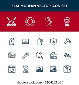 Modern, simple vector icon set with property, search, repair, tool, technology, favorite, protect, light, pool, tshirt, online, call, protection, water, communication, wrench, electricity, scene icons