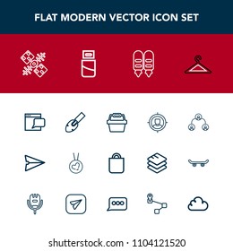 Modern, simple vector icon set with clothes, hanger, present, love, shovel, people, bag, gift, satellite, concept, construction, usb, fashion, store, website, customer, map, equipment, shop, web icons