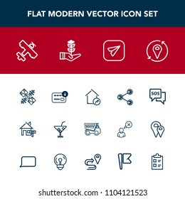 Modern, simple vector icon set with travel, emergency, help, vehicle, satellite, global, internet, juice, social, property, space, sos, money, danger, business, airplane, drink, summer, email icons
