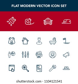 Modern, simple vector icon set with businessman, technology, home, beach, camera, profile, business, grizzly, modern, vehicle, telephone, bathroom, cap, taxi, screen, nature, cell, presentation icons