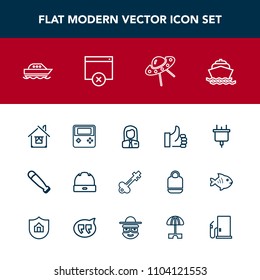 Modern, simple vector icon set with water, technology, bat, architecture, job, cap, equipment, web, door, space, key, button, plug, up, sea, employee, electric, power, boat, success, electricity icons