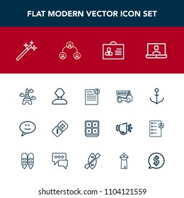Modern, simple vector icon set with contract, bank, rudder, real, money, bubble, game, row, wheel, person, profile, play, france, video, finance, wand, helm, chat, truck, document, white, magic icons