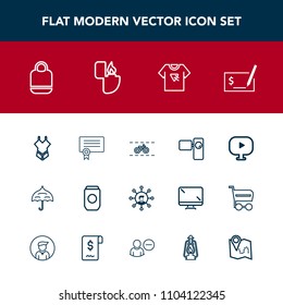 Modern, simple vector icon set with bicycle, can, pay, business, display, technology, summer, open, retro, tshirt, certificate, camera, leather, bag, wheel, transportation, cycle, object, sign icons
