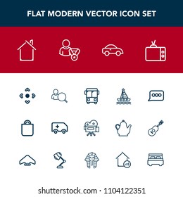 Modern, simple vector icon set with home, bus, internet, road, estate, rescue, movie, vehicle, speed, retro, transport, technology, button, television, tv, transportation, speech, gift, tripod icons