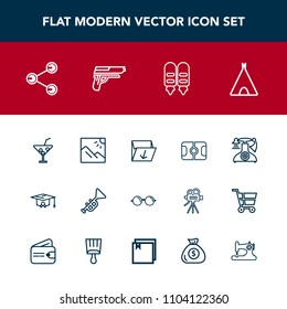 Modern, simple vector icon set with eyeglasses, graduation, eyesight, sign, jazz, old, pitch, glasses, eye, vintage, adventure, share, optical, glass, summer, stadium, box, trash, social, juice icons
