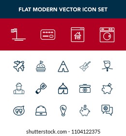 Modern, simple vector icon set with sandwich, equipment, gold, estate, medal, construction, aircraft, competition, music, tent, blue, builder, winner, nature, flight, tool, plane, adventure icons